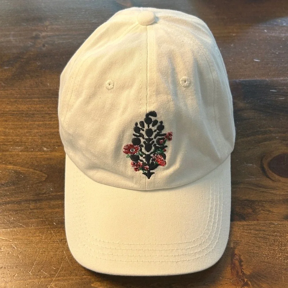 Free People Blooming Buti Baseball Hat White Floral Embroidered Cap Adjustable
